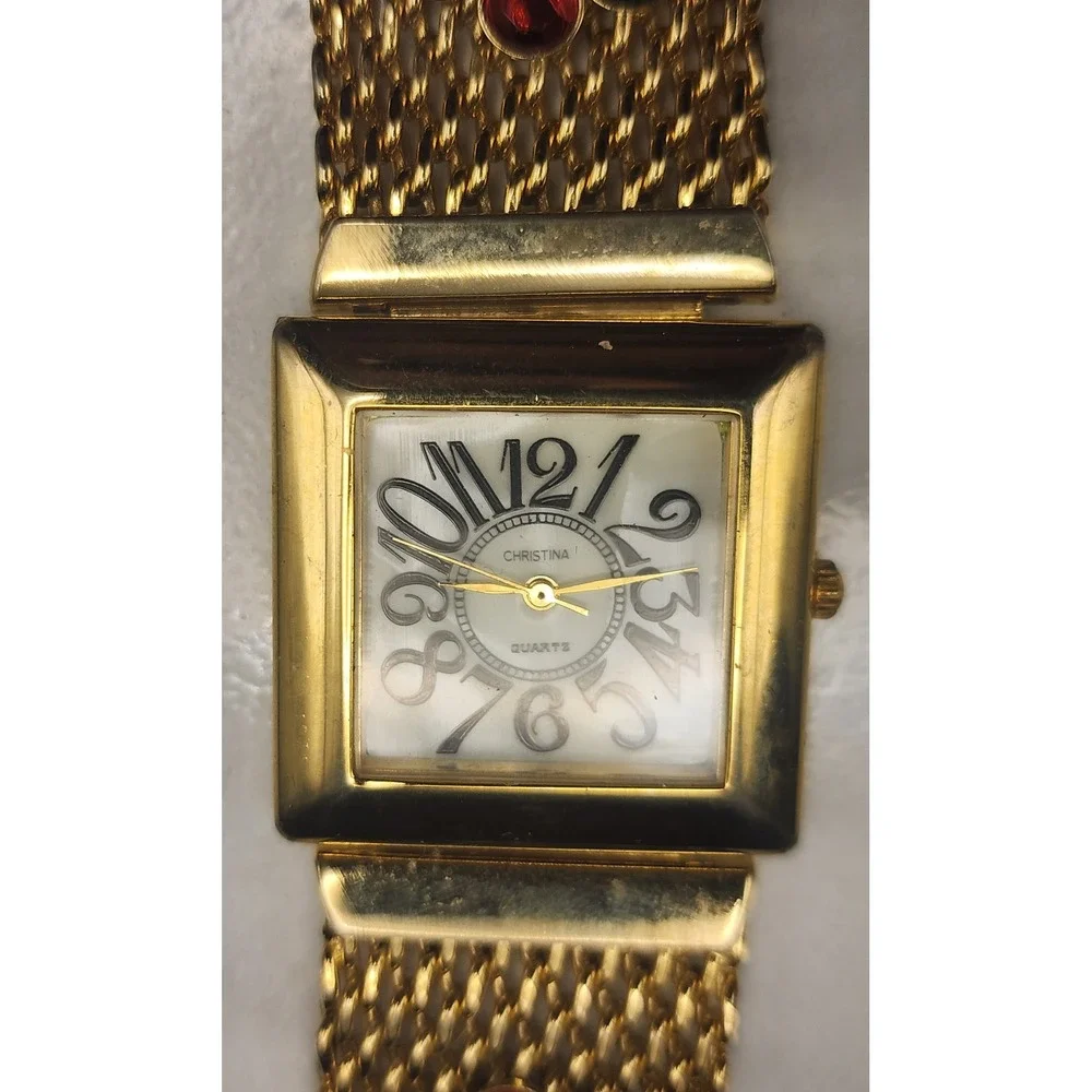 Vintage Christina Quartz Watch Gold Tone Mesh Band Rhinestone Square Face READ